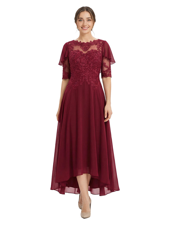 Unique Scalloped Neckline High-Low Mother of The Bride Gown With Flutter Sleeves