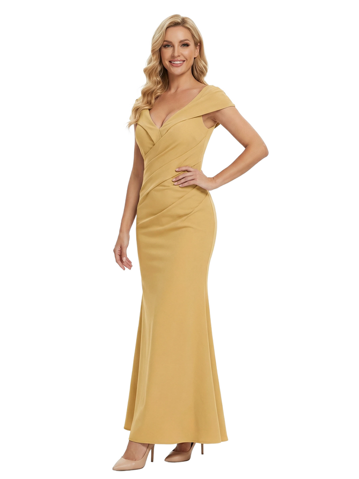 Chicsew Alluring Mother of The Bride Dress V-Neck Cap Sleeve Fitted Mermaid Satin Fabric Ruched Detail Pretty Elegant Formal Wedding Gown