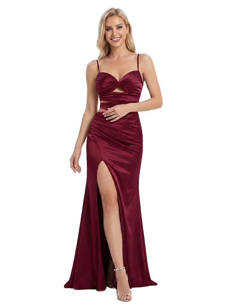 ChicSew Sexy Spaghetti Straps Soft Satin Mermaid Long Bridesmaid Dresses With Ruched Side Slit