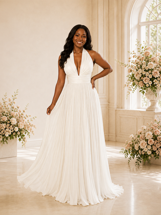 ChicSew Elegant Chiffon Halter A-Line Sleeveless Maxi Wedding Dress With Pleats