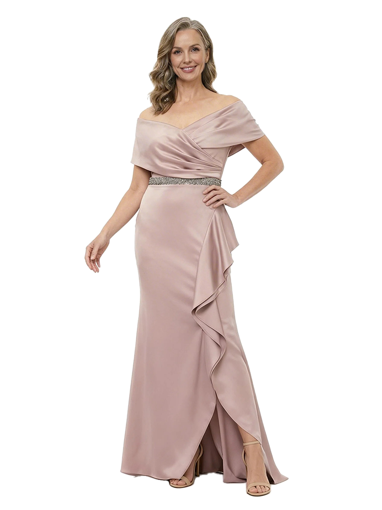 ChicSew Off The Shoulder Beaded Waist Satin Mermaid Mother Of The Groom Evening Gowns Slit