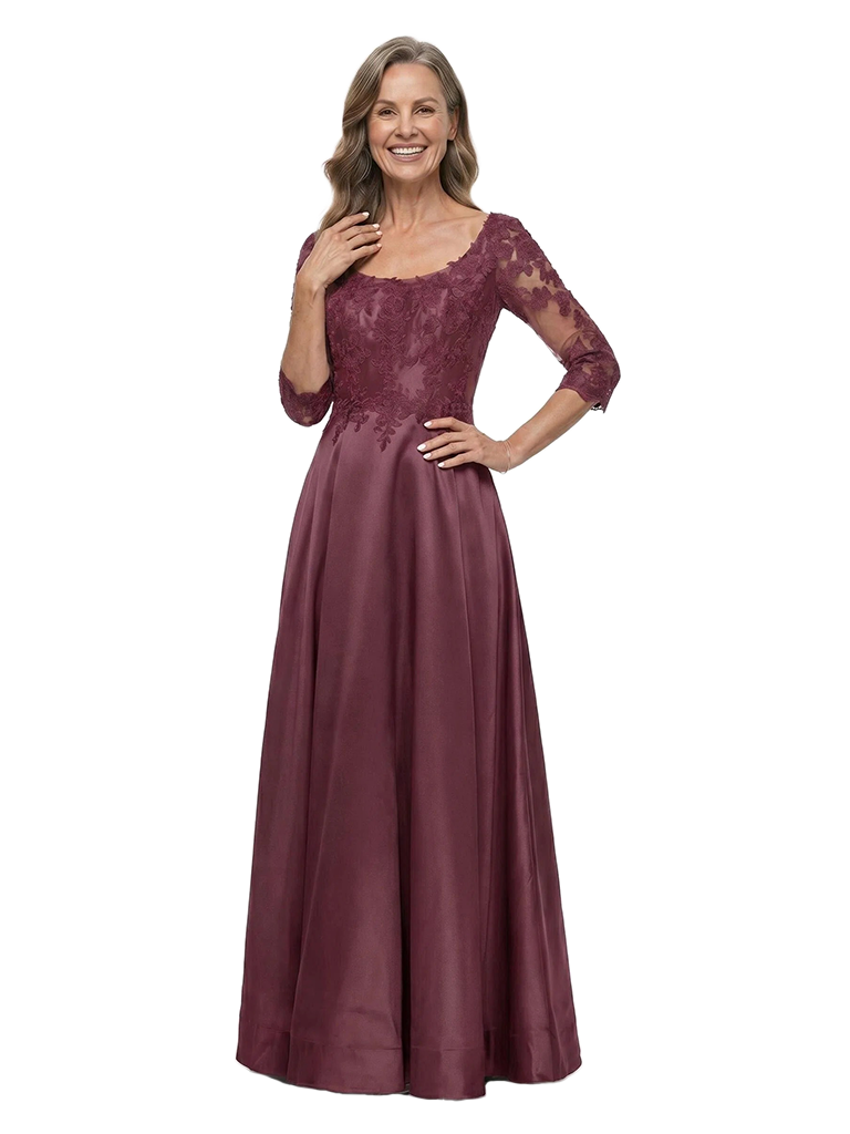 ChicSew Square 3/4 Sleeves  Lace Applique Satin A-Line Mother of the Bride Dress