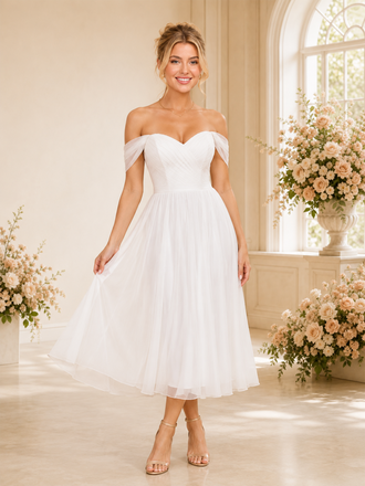 ChicSew Elegant A-line Off The Shoulder Midi Lace Tulle Wedding Dresses Online