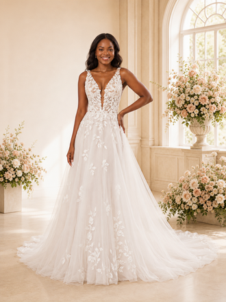 ChicSew Elegant Spaghetti Straps V-Neck Tulle Long A-Line Wedding Dress With Lace Appliques