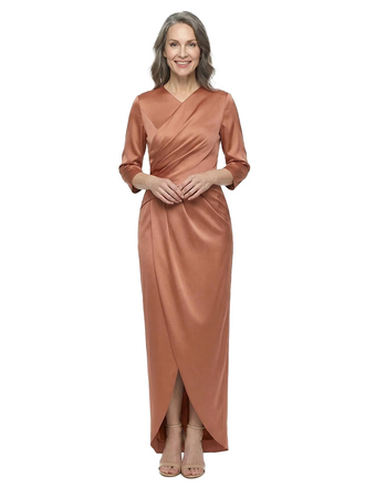 ChicSew Fancy V-Neck 3/4 Sleeves Ruched Silky Satin Sheath Mother Of The Groom Evening Gowns