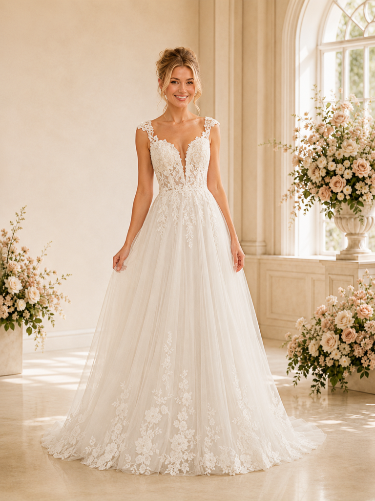 ChicSew Sexy Spaghetti Straps Deep V-Neck A-Line Lace Tulle Full-Length Wedding Dresses