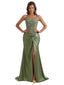 Elegant Lace Spaghetti Strap Side Split Mermaid Ruched Satin Long Bridesmaid Dresses