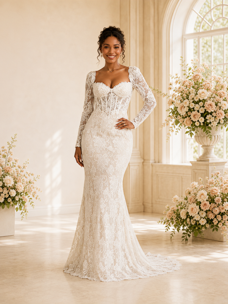 ChicSew Fancy Sweetheart Lace Appliques Long Sleeves Mermaid Maxi Wedding Dress