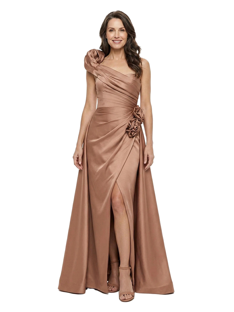 ChicSew Unique One Shoulder Silky Satin Mother Of The Groom Gown Rosette Detail Side Slit