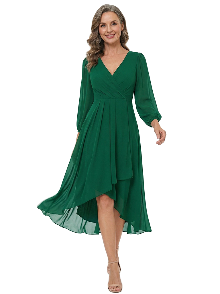 ChicSew Elegant Chiffon Long Sleeves Ruched V-Neck High-Low Mother Of The Groom Gown