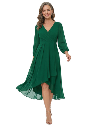 ChicSew Elegant Chiffon Long Sleeves Ruched V-Neck High-Low Mother Of The Groom Gown