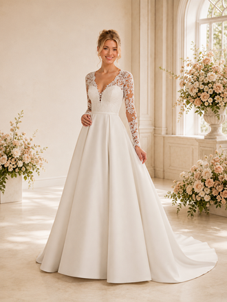 ChicSew Elegant V-Neck Long Sleeves Lace Satin A-Line Long Wedding Dresses With Train