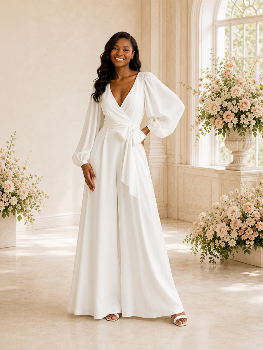 ChicSew Elegant V-Neck Crepe Long Sleeves Floor-Length Wedding Jumpsuit