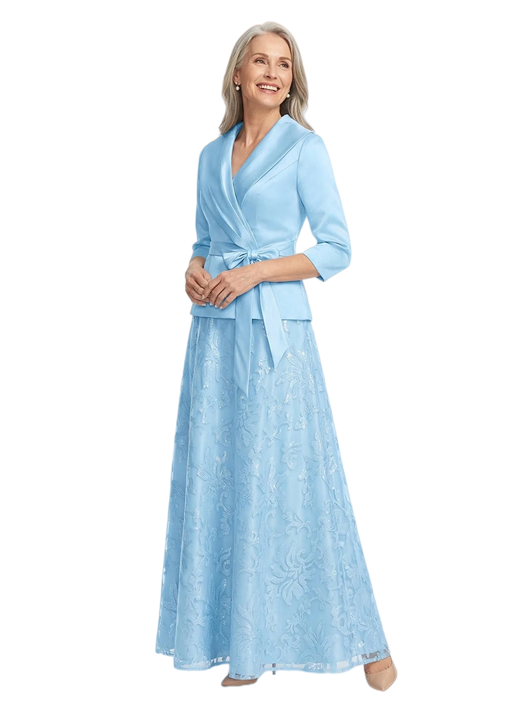 ChicSew V-Neck Long Sleeve Lace Satin A-Line Floor-Length Elegant Mother of the Bride Dresses