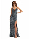 Elegant V-Neck Floral Burnout Velvet Long Formal Evening Gown Dresses Side Slit