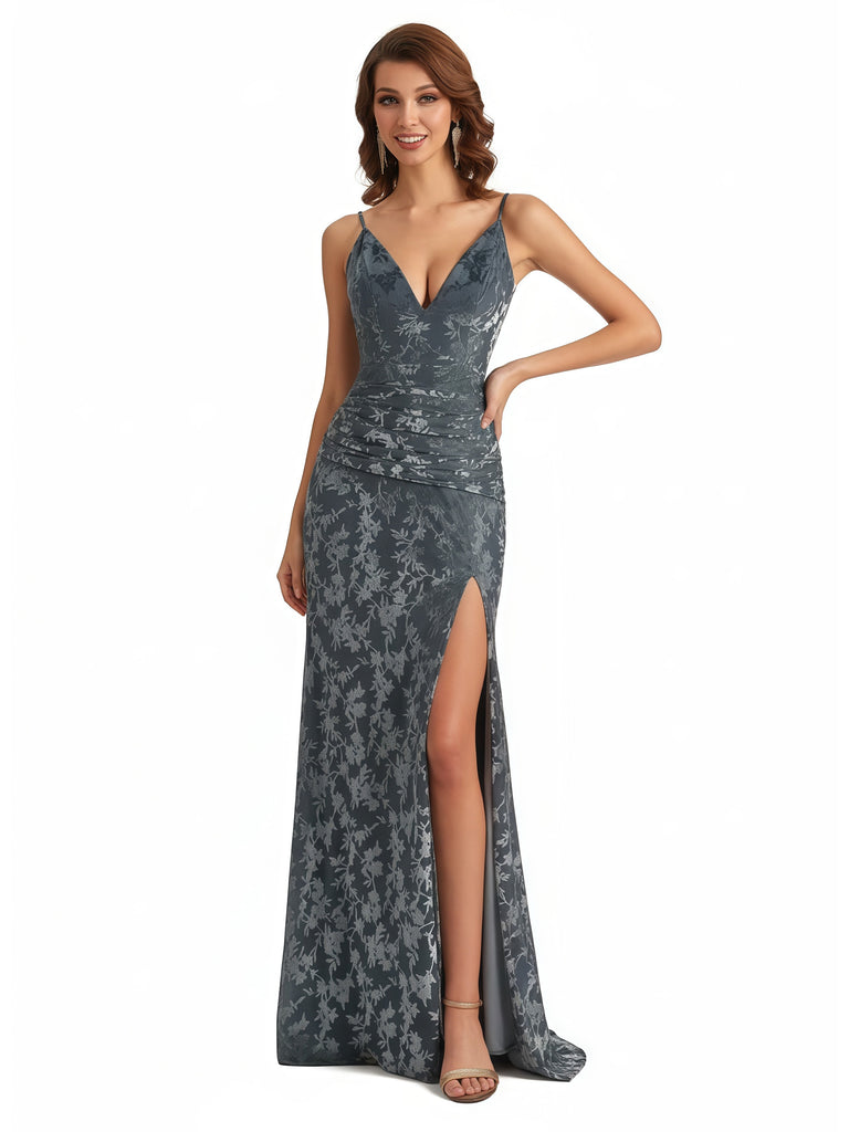 Elegant V-Neck Floral Burnout Velvet Long Formal Evening Gown Dresses Side Slit