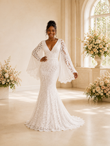 ChicSew Romantic V-Neck Long Flutter Sleeves Tulle Lace Appliques Maxi Wedding Dress