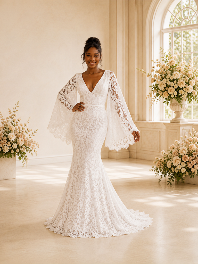 ChicSew Romantic V-Neck Long Flutter Sleeves Tulle Lace Appliques Maxi Wedding Dress