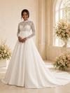 ChicSew Elegant High Neck Long Sleeves Lace Appliques Satin Maxi Wedding Dress