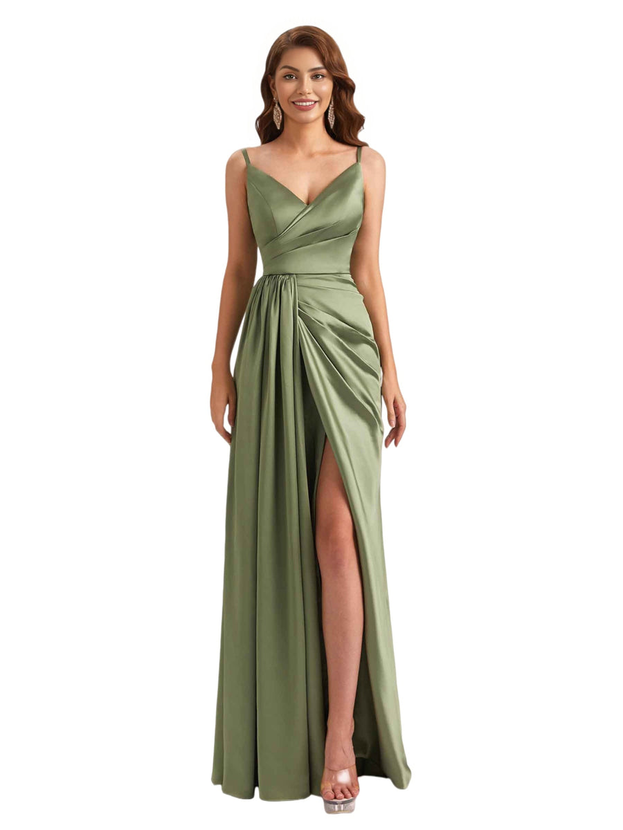 Sexy Silky Satin Spaghetti Straps V-Neck Mermaid Side Slit Unique Long Bridesmaid Dresses