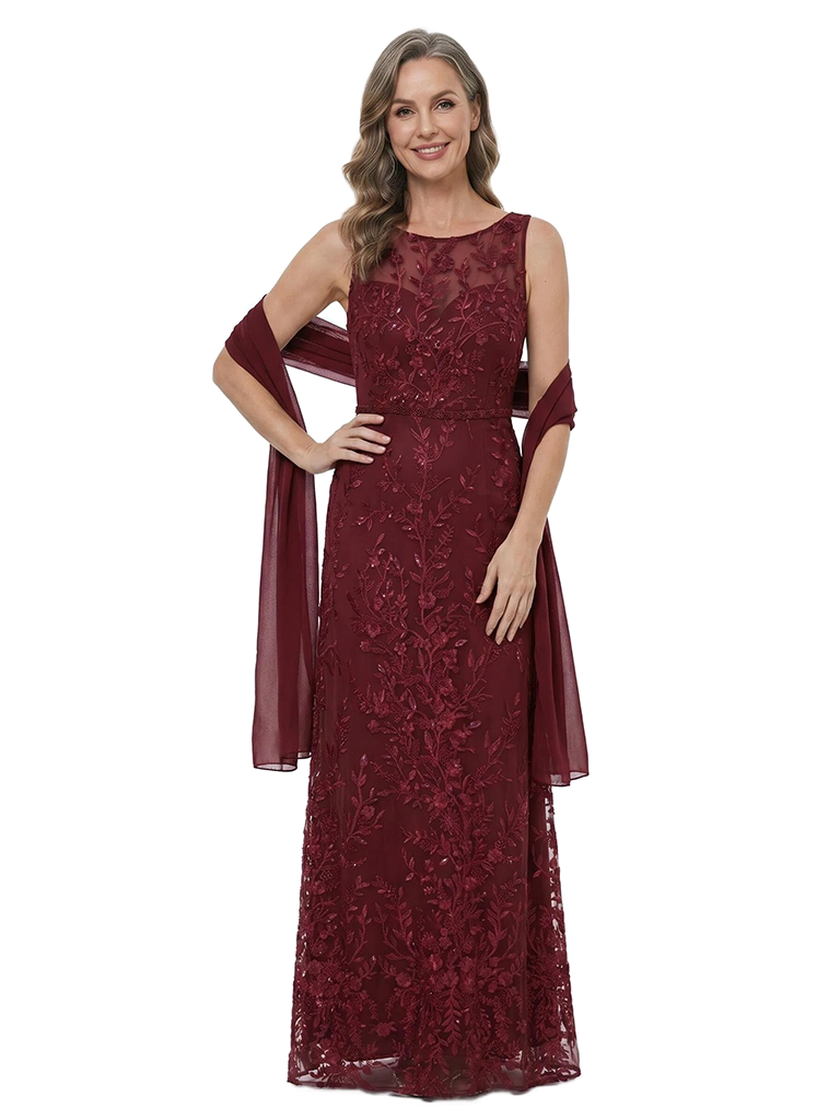 ChicSew Classy Sleeveless Round Neck Lace Applique A-Line Floor Length Mother Of The Groom Dress With Shawl