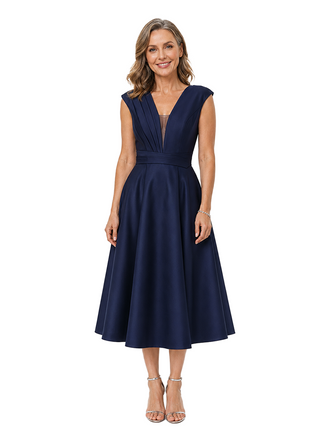 ChicSew Elegant Pleated Satin Mother Of The Bride Dresses V-Neck A-Line Tea-Length Formal Wedding Guest Dress