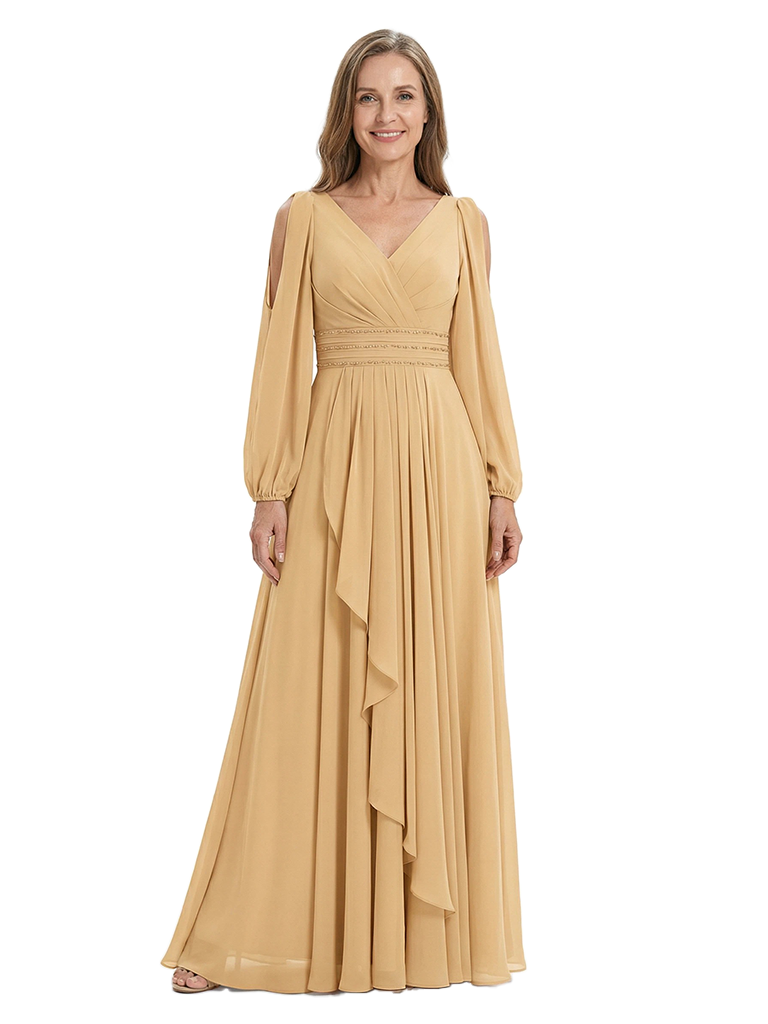 ChicSew V-Neck Long Sleeves Ruched Waist Ruffle Detail Floor Length Chiffon Mom Of The Groom Dresses