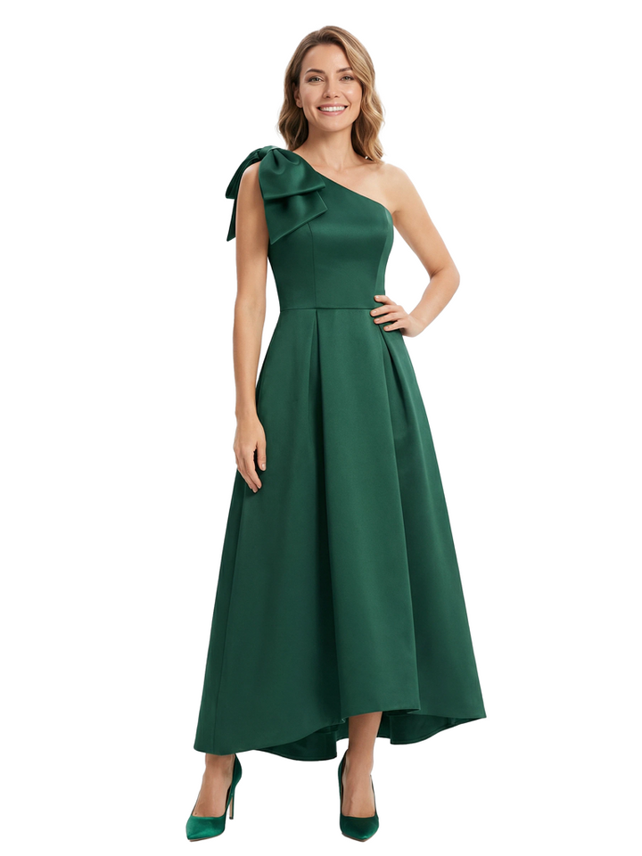 Chicsew Chic One Shoulder Satin Mother of The Bride Dress Bow High-Low A-Line Wedding Guest Gown