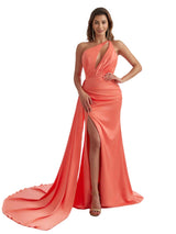 Sexy One Shoulder Mermaid Ruched Satin Formal Long Bridesmaid Dresses Side Split