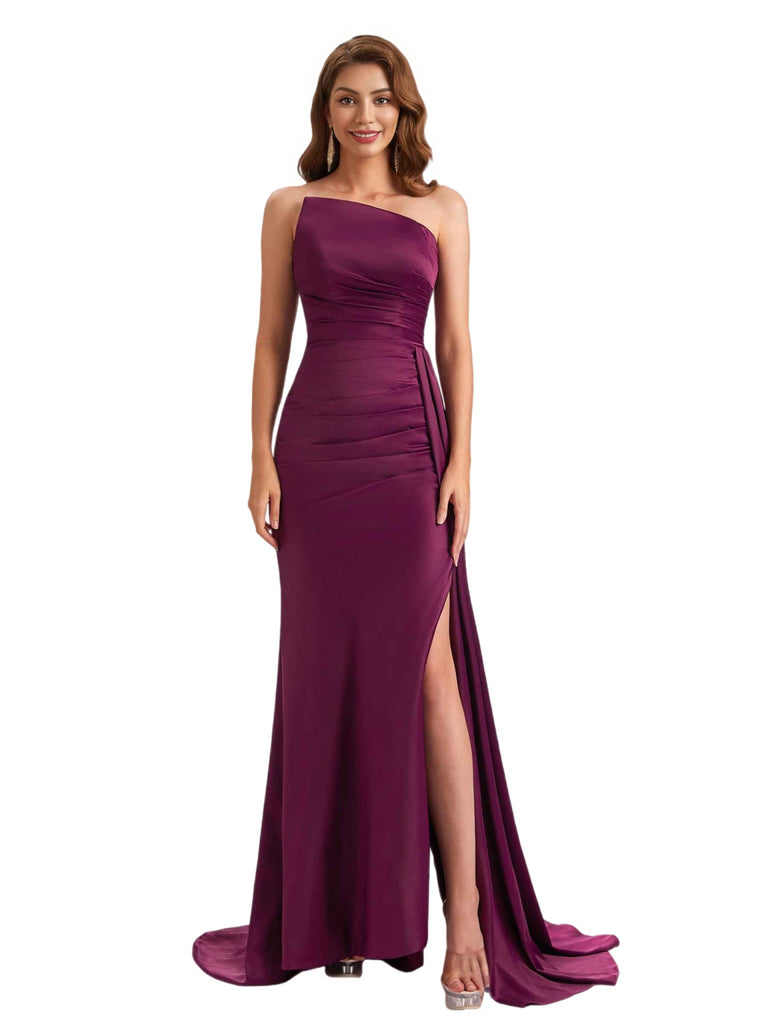 Sexy Silky Satin Asymmetric Mermaid Side Slit Ruched Long Bridesmaid Dresses Online