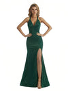Shiny Spaghetti Straps Mermaid Glitter Jersey Long Formal Dresses For Women Side Slit