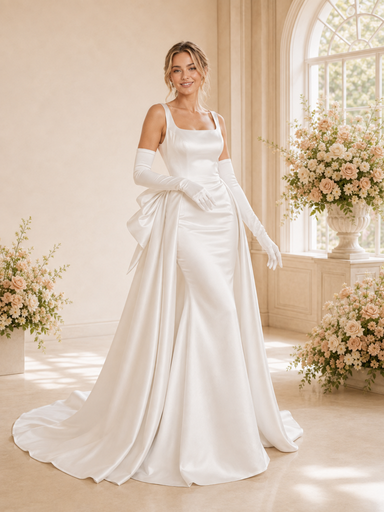 ChicSew Modern Satin Mermaid Square Neck Long Wedding Dress With Overskirt