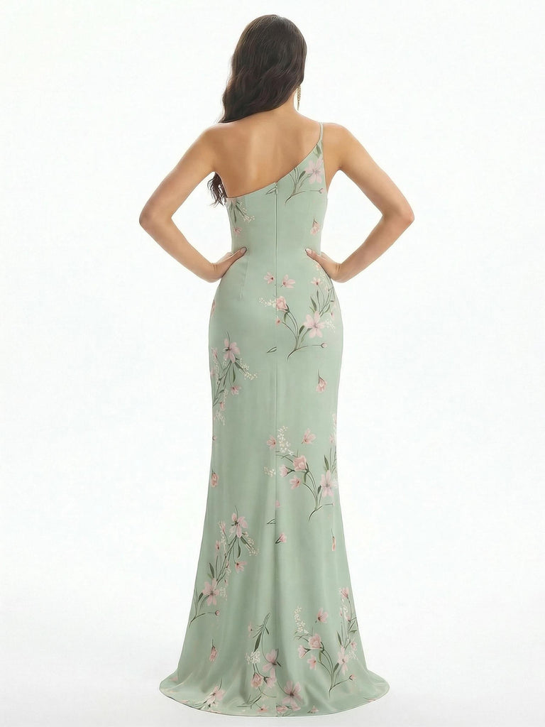 Elegant One Shoulder Mermaid Long Satin Floral Formal Dresses For Women