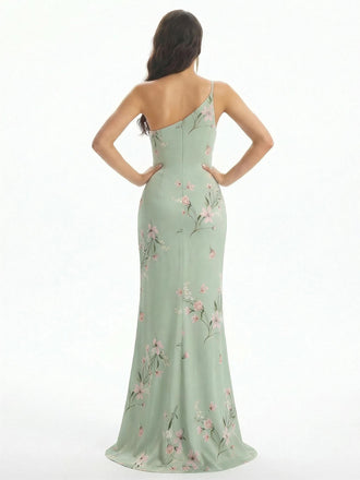 Elegant One Shoulder Mermaid Long Satin Floral Formal Dresses For Women