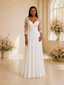 ChicSew Elegant V-Neck Lace Applique Chiffon A-Line 3/4 Sleeves Maxi Wedding Dress