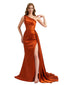 Elegant One Shoulder Silky Satin Side Split Mermaid Long Bridesmaid Dresses Online