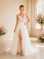 ChicSew Sexy A-Line V-Neck Side Slit Sleeveless Lace Tulle Maxi Long Wedding Dresses