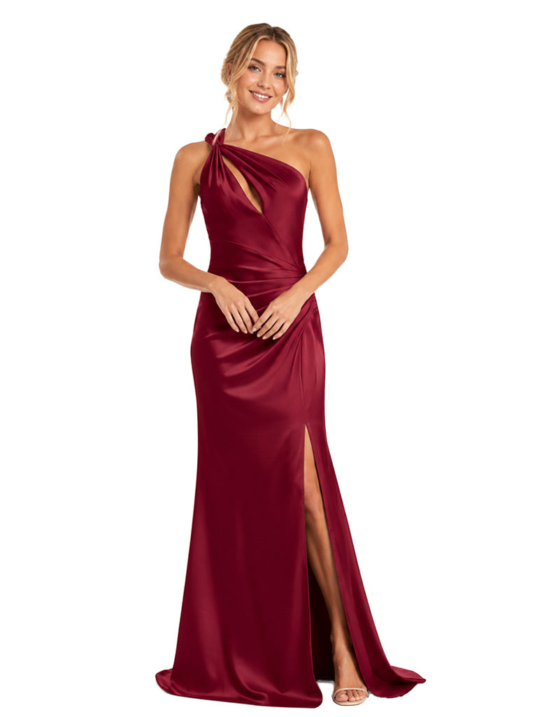ChicSew One Shoulder Soft Satin Mermaid Side Slit Long Pretty Floor Length Bridesmaid Dress