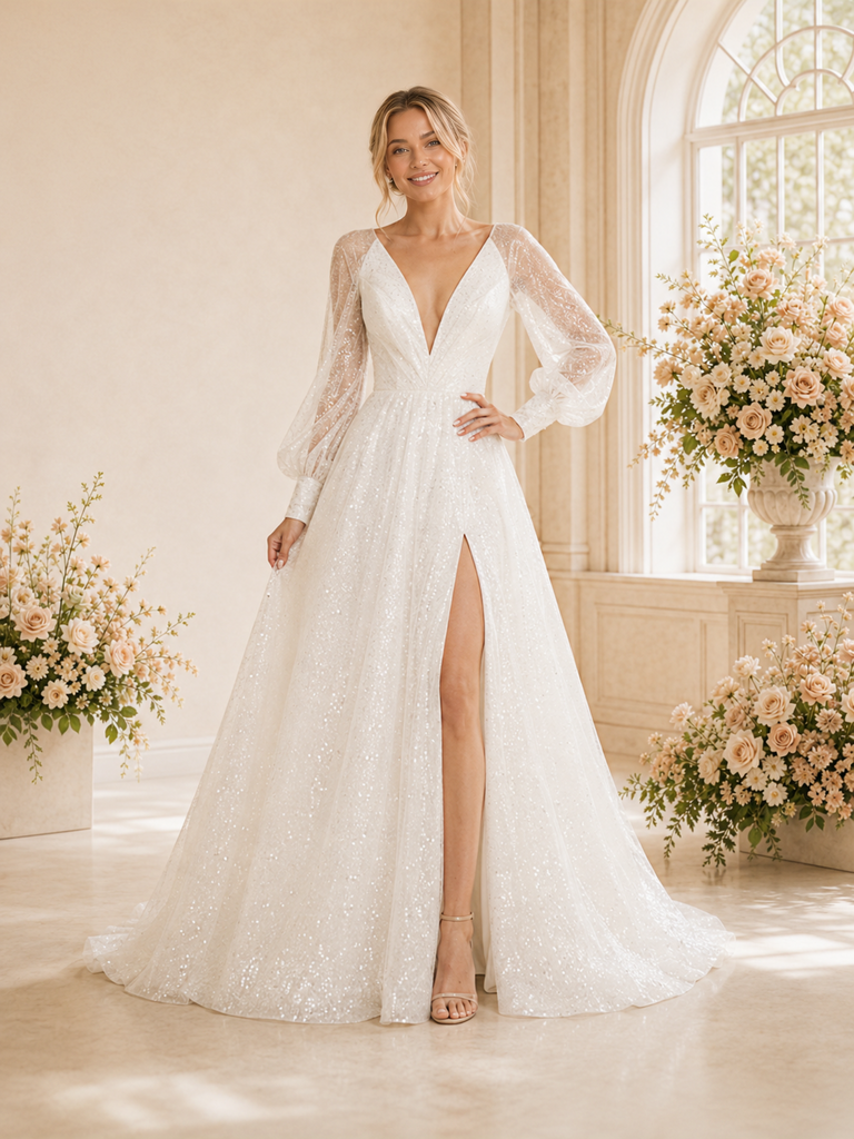 ChicSew Fancy Deep V-Neck Long Sleeves Sequin A-Line Long Wedding Dress