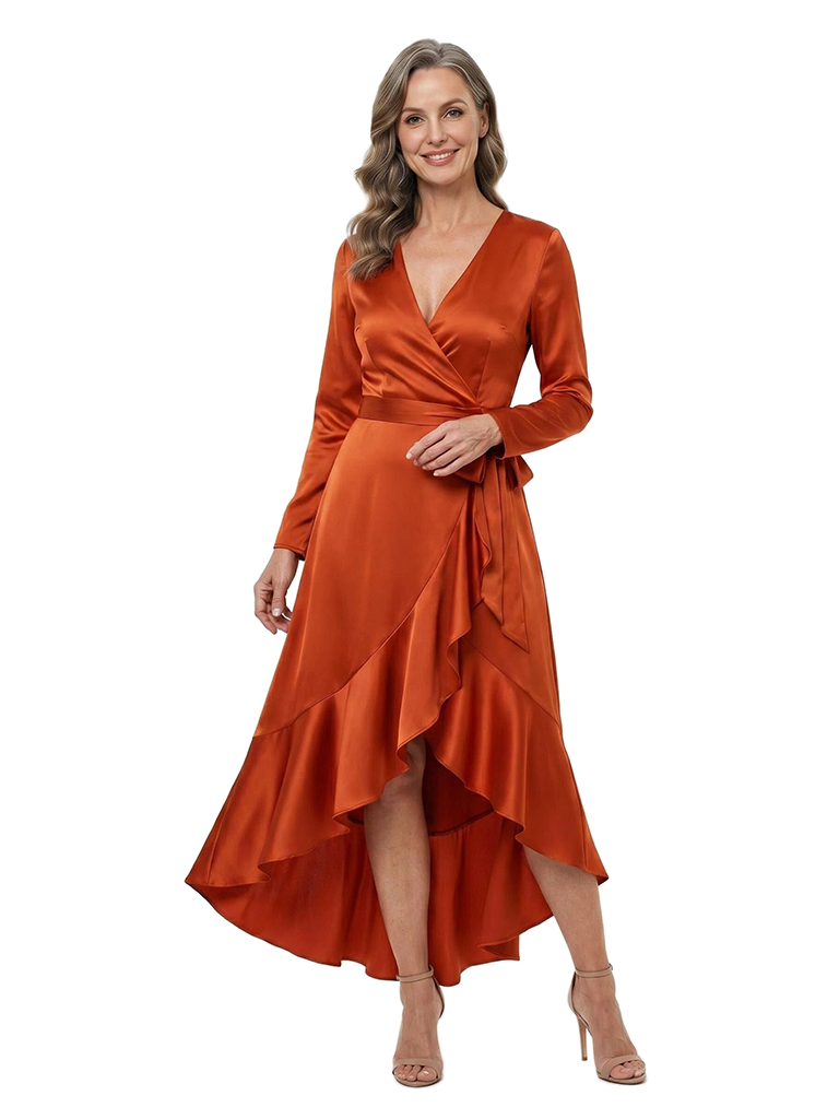 ChicSew V-Neck Long Sleeve Satin High Low Mother of the Bride Dress
