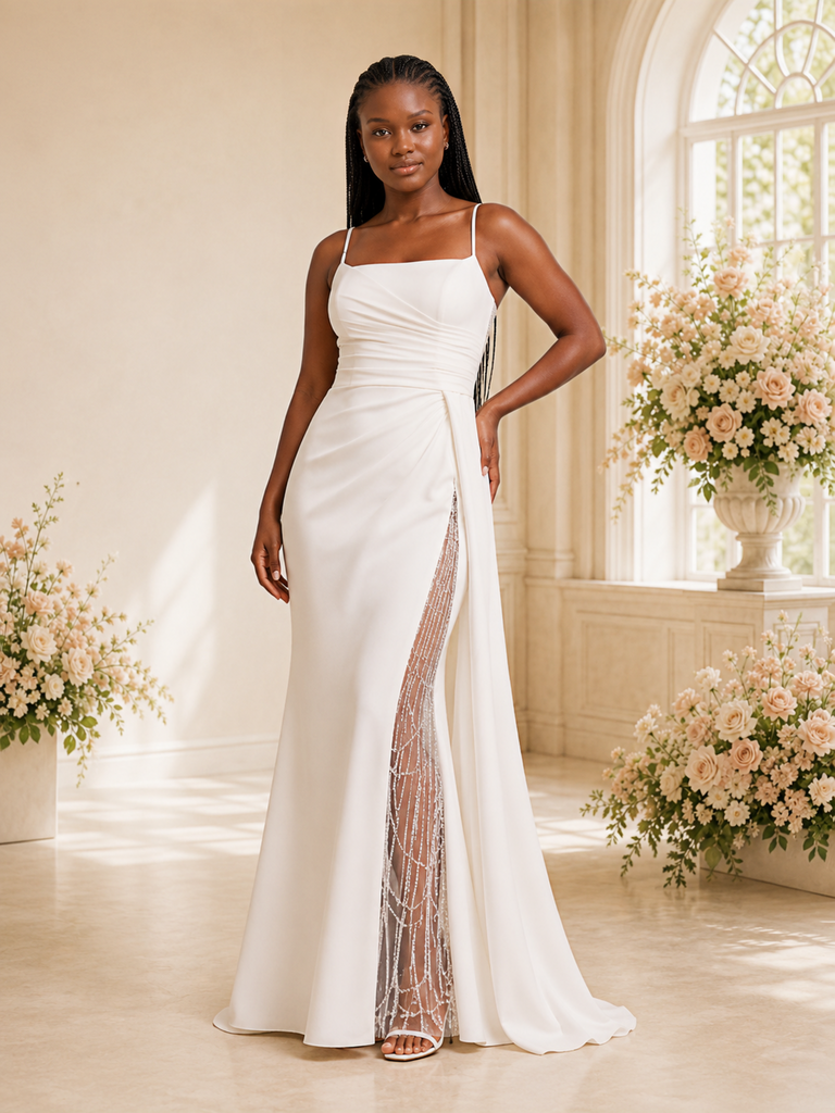 ChicSew Modern Spaghetti Straps Crepe Ruched Long Side Slit Mermaid Wedding Dress