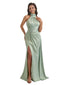 Elegant Mermaid Halter Soft Satin Long Bridesmaid Dresses Slit For Wedding