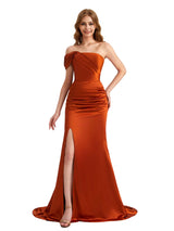Sexy Satin One Shoulder Mermaid Pleated Long Bridesmaid Dresses Side Split