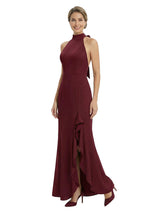 Modern Halter Neck Backless Mermaid Mother of The Bride Gown With Ruffle Slit