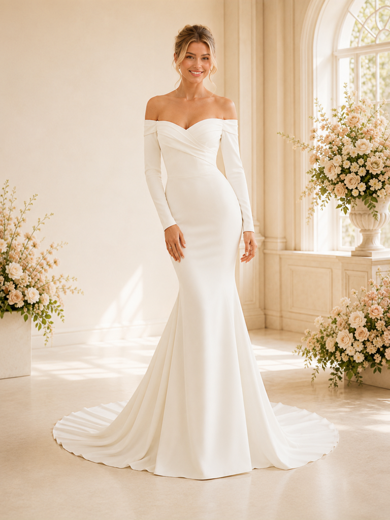 ChicSew Sexy Off Shoulder Ruching Long Sleeves Mermaid Crepe Long Wedding Dress