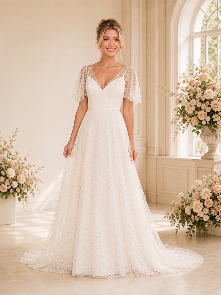 ChicSew Fancy V-Neck A-Line Lace Flutter Sleeves Maxi Long Wedding Dresses