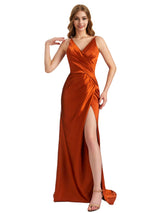 Sexy Silky Satin Spaghetti Strap Mermaid Maxi Ruched Chic Bridesmaid Dresses Side Split