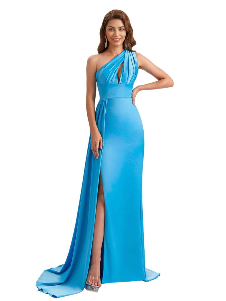 Sexy One Shoulder Soft Satin Mermaid Side Slit Pretty Long Bridesmaid Dresses Online