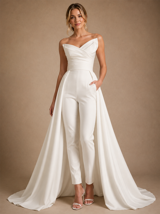 ChicSew Morden Strapless Sweetheart Crepe Floor-Length Wedding Jumpsuit With Overskirt