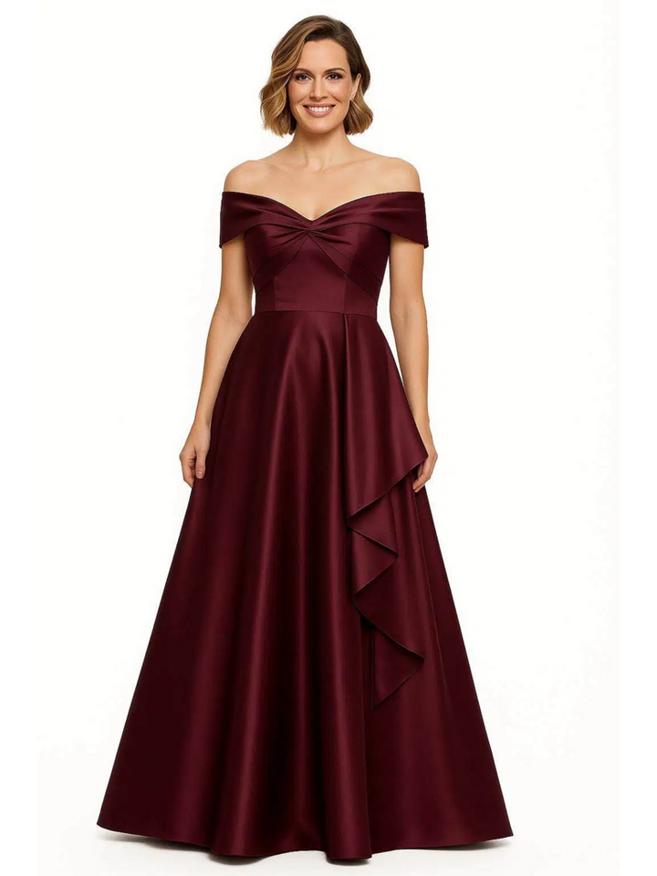 Elegant A-Line Off The Shoulder Satin Floor Length Evening Gown With Ruffle